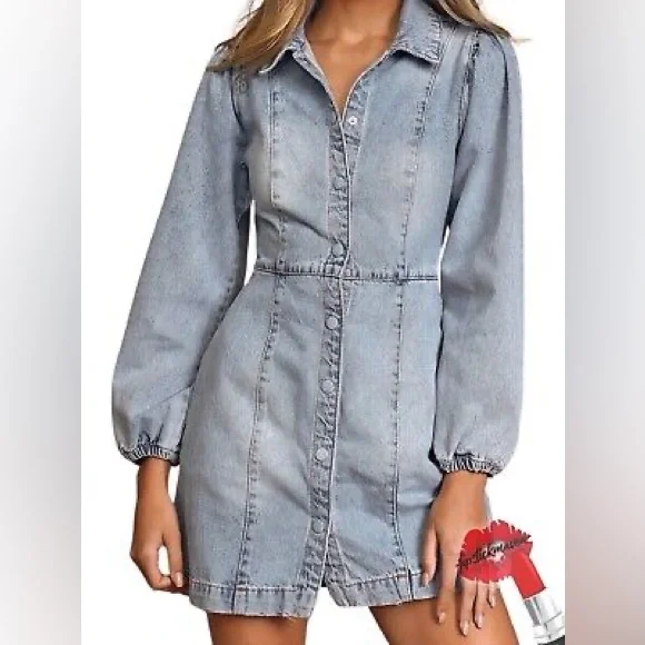 Free People Mia Long Puff Sleeved Light Wash Denim Mini Dress - Size Small - Picture 1 of 10